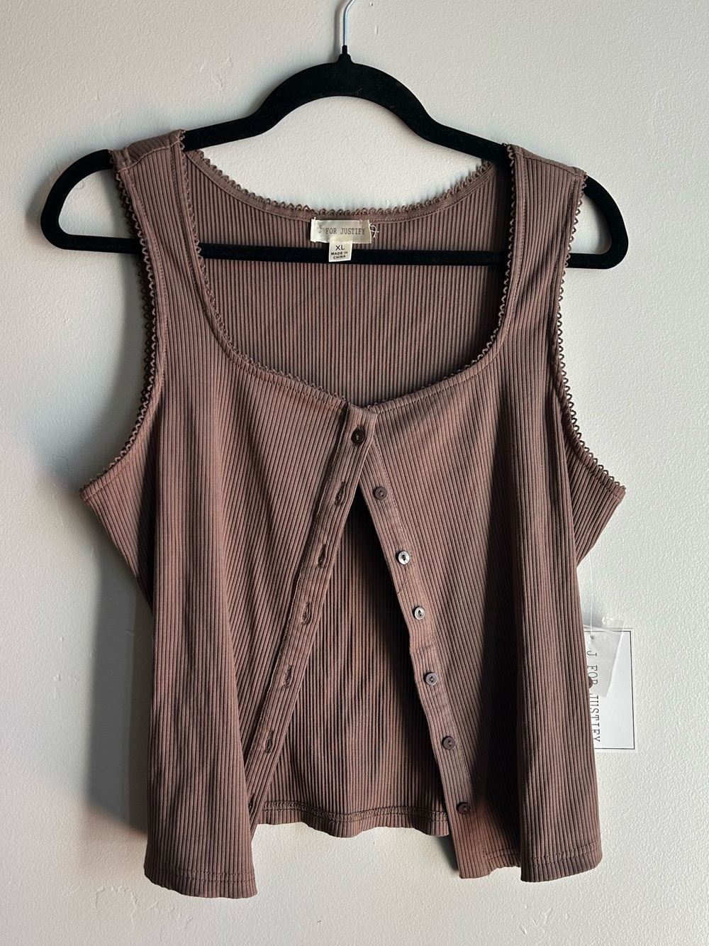 J For Justify Ribbed Tank Top Brown Button Front Stretch XL Coastal Euro Summer